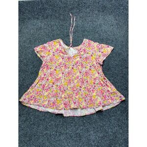 Terra & Sky Womens 1X Pink Yellow Floral Tiered Babydoll Blouse V-Neck Top